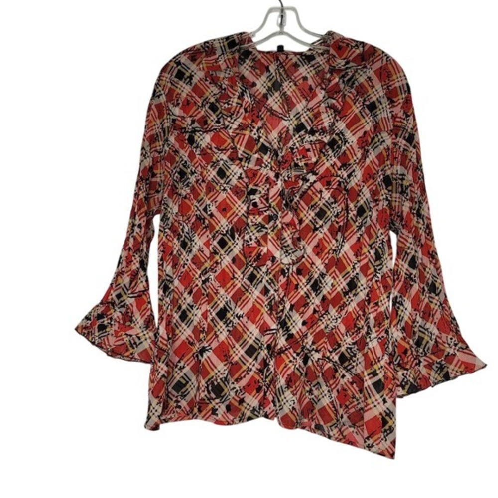 Notation Women XL Red Blk Button Ruffle Front Long Sleeve Sheer Blouse Fairy Y2K